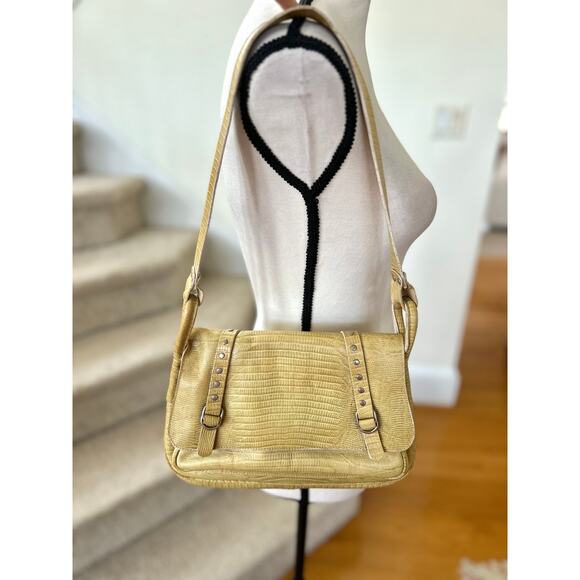 Vintage Cavalcanti Butter Yellow Studded Embossed Croc Baguette Shoulder Bag - Picture 1 of 11